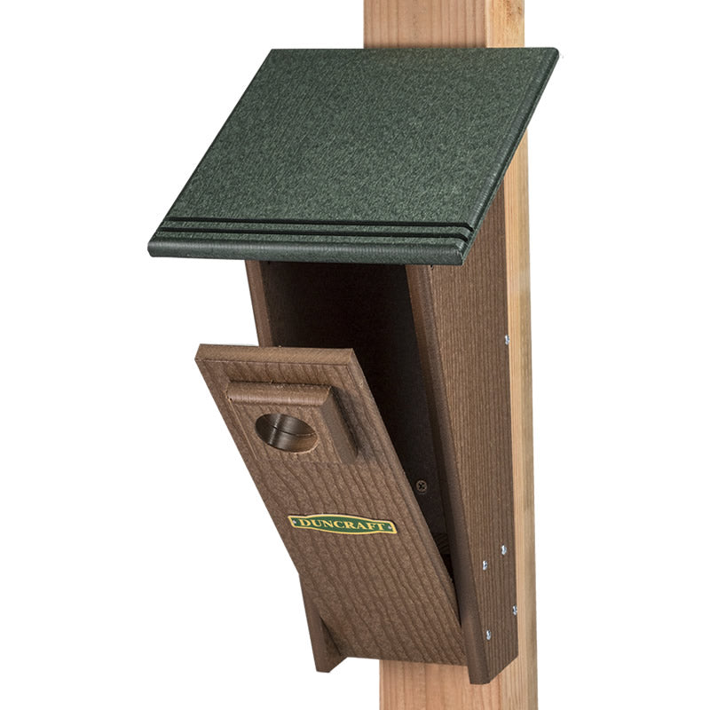 Duncraft Bird-Safe® Peterson Eco Bluebird House with green roof, tapered design, grooved perches, and predator guard. Made from rugged recycled plastic for bluebird protection.