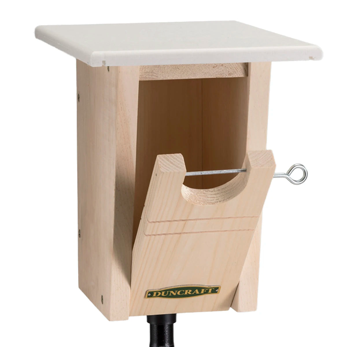 Duncraft Bluebird Trail House & Pole features a wooden box with a white top, oval entry hole, and a durable white recycled plastic roof for bird protection.