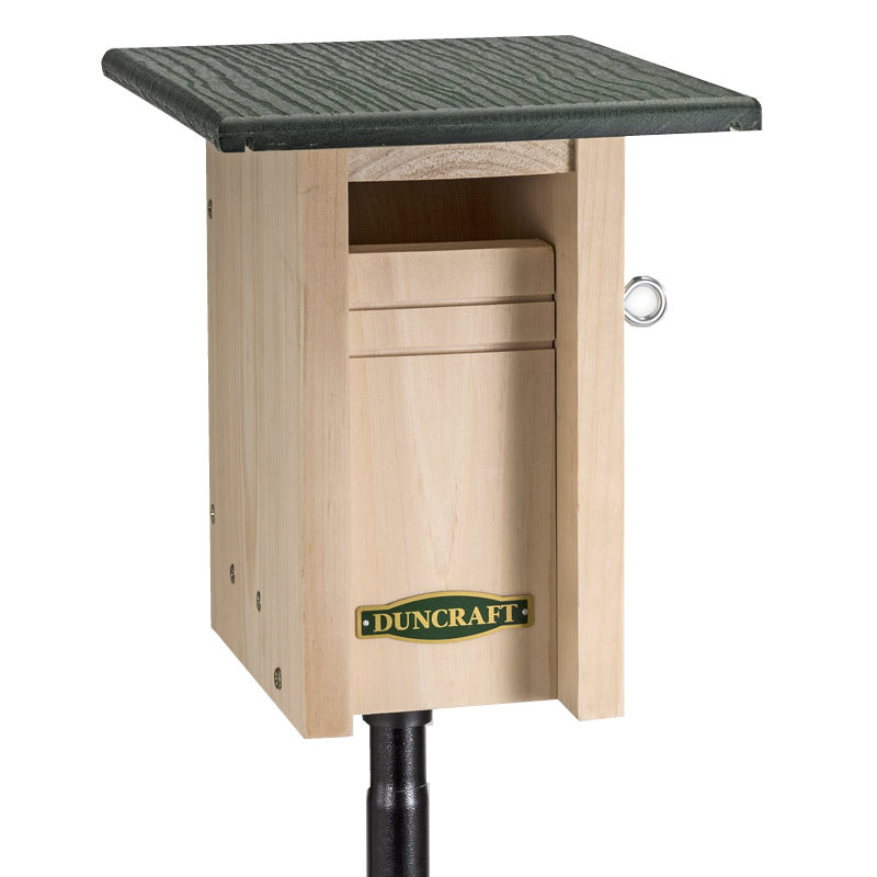 Gilwood Bluebird Slotbox Bird House & Pole features a wooden box with a green top and a slotted entrance, designed to attract bluebirds and deter House Sparrows.