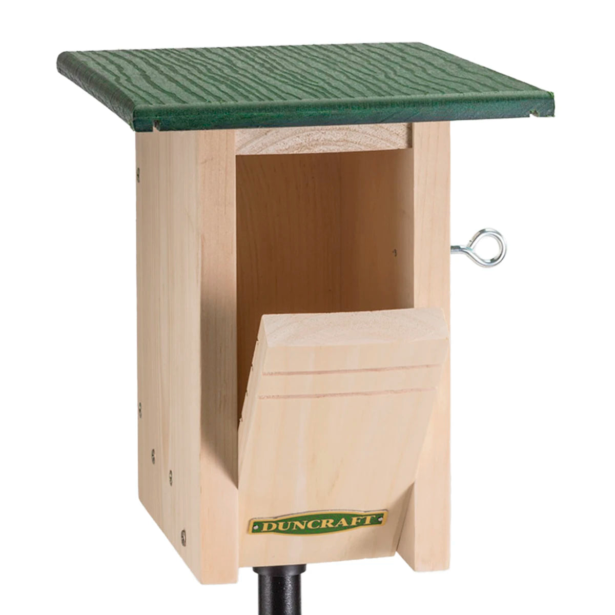 Gilwood Bluebird Slotbox Bird House & Pole featuring a wooden structure, green recycled plastic roof, and slotted entrance designed to attract bluebirds and deter House Sparrows.