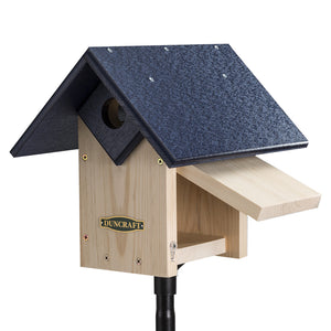 Duncraft Chalet Bluebird House & Pole with blue roof, predator guard, and ventilation; features a 1-1/2 inch entry hole and side panel for easy cleanout.