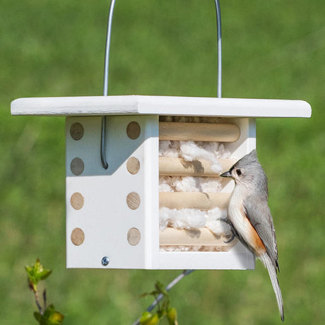 Duncraft Bird's Nest Builder showing a bird perched on a feeder, featuring wooden dowels and a metal wire hanger, with 100% cotton nesting material.