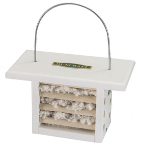 Duncraft Bird's Nest Builder with white cover, wooden dowels, and metal hanger. Includes 100% cotton nesting material. Lift-up roof for easy refills.