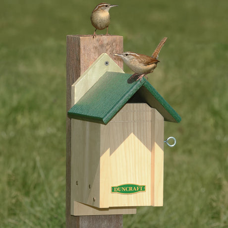 Duncraft Birdkeeper's Bird House with two birds perched, featuring an overhanging roof, side eye hook, and front panel for easy cleaning.