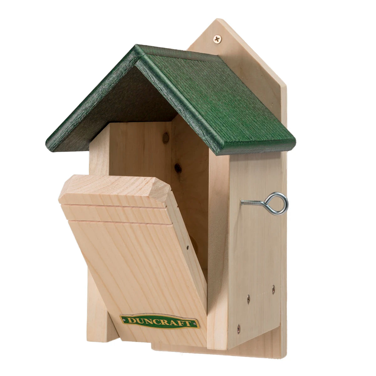 Duncraft Birdkeeper's Bird House with green roof, made from Eastern white pine, featuring a 1-1/2 inch entry hole and easy-clean front panel.