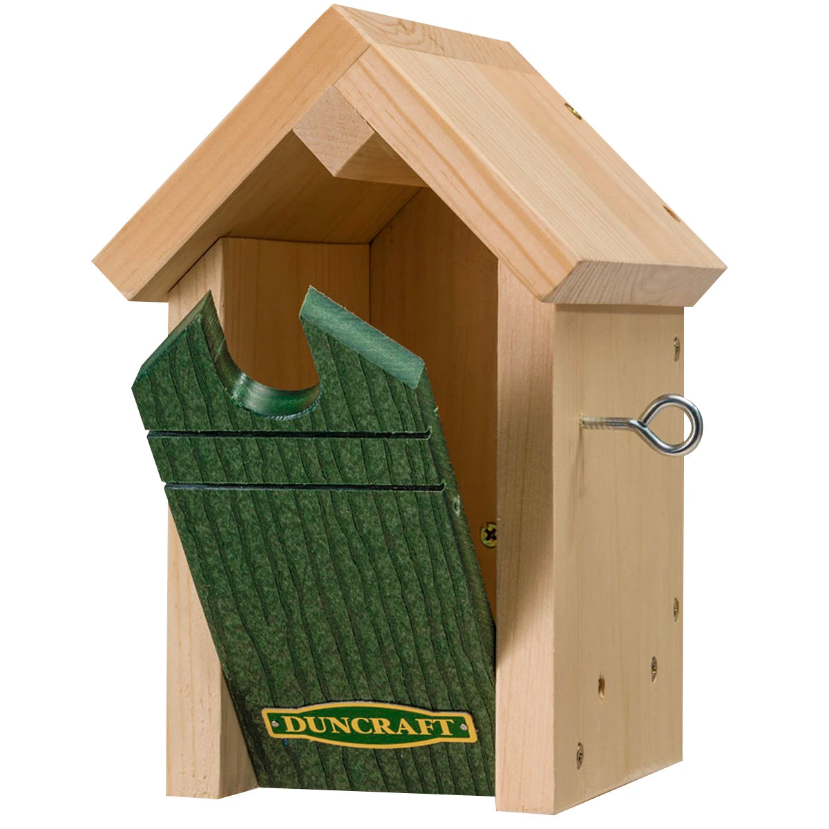 Duncraft Common Bird Nesting House with a wooden frame and green recycled plastic front panel featuring a recessed entrance and grooved perches for fledglings.