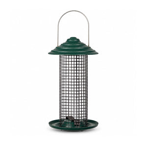 Green Mini Magnum bird feeder with a black wire mesh tube, domed roof, and round seed tray on a white background.