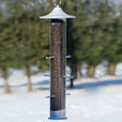 Tails Upside Down Finch Tube Feeder with seeds, featuring six upside-down feeding ports, durable polycarbonate tube, and pearl finish metal caps.