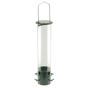 The Bouncer Squirrel-Resistant Tube Feeder with a clear cylinder and green top, featuring weight-sensitive perches to deter squirrels and large birds.