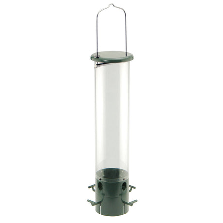 The Bouncer Squirrel-Resistant Tube Feeder with a clear cylinder and green top, featuring weight-sensitive perches to deter squirrels and large birds.