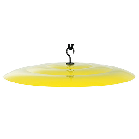 15 Yellow Baffle, a wide, solid steel guard designed to prevent squirrels from accessing bird feeders, shown with a hook for easy installation.