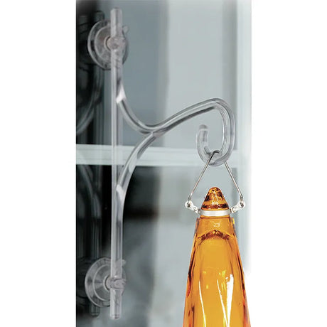 Window Glass Hanger with clear suction cups securely holds an amber glass ornament on a window, offering unobstructed views and supporting up to 4 lbs.
