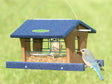 Duncraft Bird-Safe® Extreme Bluebird Feeder with bluebird eating mealworms, featuring oval fly-through openings and clearview plastic panels with wire fencing.