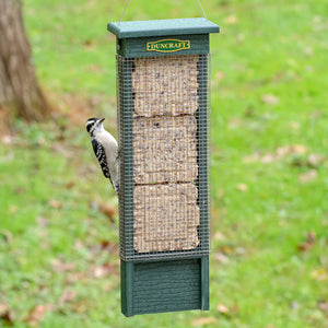 Duncraft Triple Suet Shield Wrap Feeder with a woodpecker perched on the suet feeder, featuring restrictive wire mesh and a tail prop area for balance.