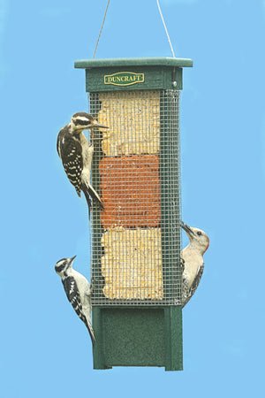 Duncraft Triple Suet Shield Wrap Feeder with birds feeding from the suet-filled mesh, showcasing its squirrel-proof design and capacity for three suet cakes.