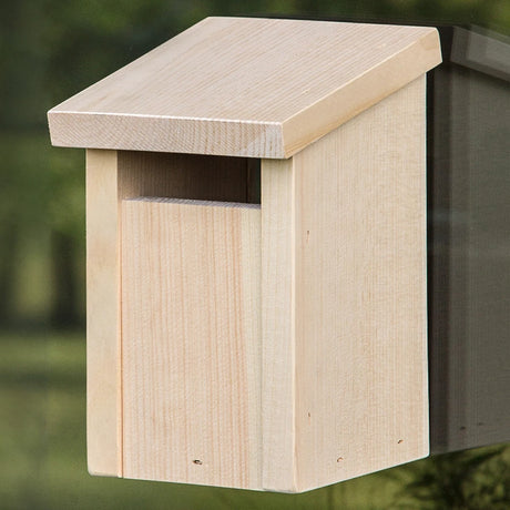 Slot Entry Window View Bird House: A wooden birdhouse with suction cups attached to a window, featuring a slotted entry hole for easy cleanout and bird watching.