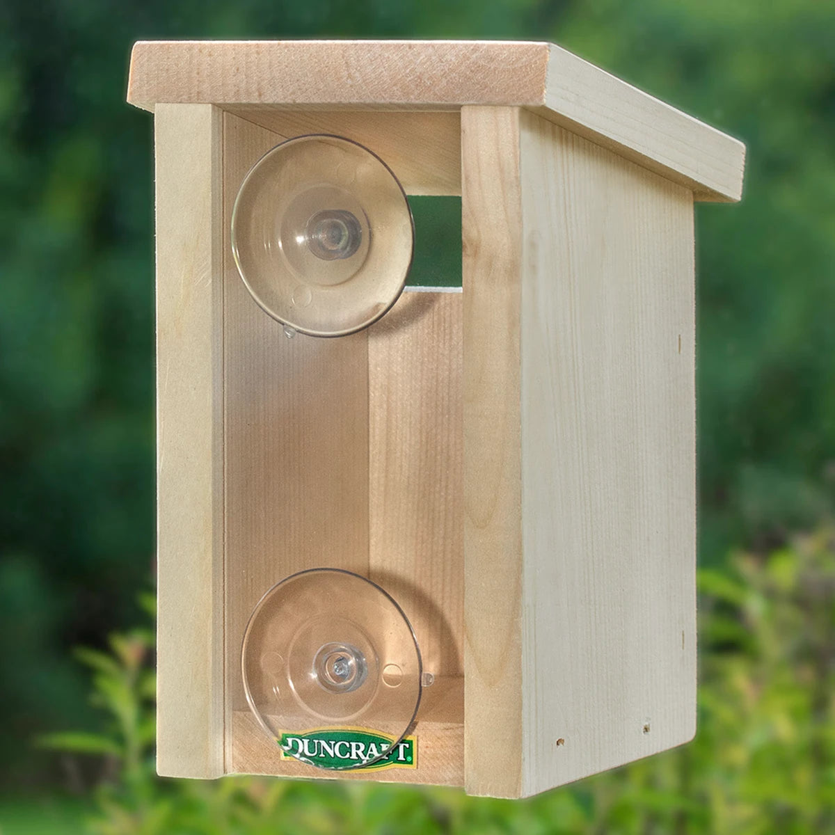 Slot Entry Window View Bird House with two suction cups, clearview plastic mounting panel, and slotted entry hole for easy cleanout, made from Eastern white pine.