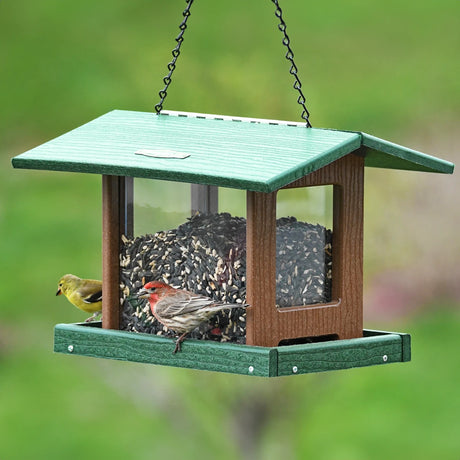 Duncraft 4-Sided Classic Hopper Feeder with green roof, wooden frame, and clear panels, stocked with seeds, two finches feeding on tray.