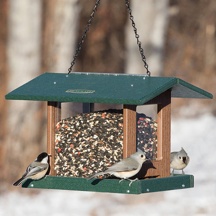 Duncraft 4-Sided Classic Hopper Feeder with multiple birds feeding, showcasing its 5 lb. capacity, ventilation, and easy-to-clean, four-sided viewing design.