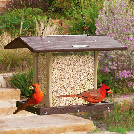 Duncraft 4-Sided Free-Flowing Hopper Feeder with Cardinals; features a clear-view, durable design and a spacious tray for versatile bird feeding.
