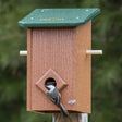 Duncraft Winter Roost with Lookout Perches mounted on a post, with a black-capped chickadee perched at the entrance, surrounded by blurred foliage.