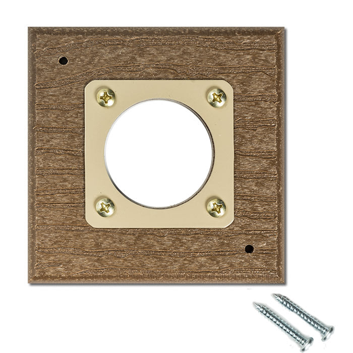 Predator Guard With Metal Portal showing a square wood frame with a central hole and screws, designed to protect nesting baby birds from predators.