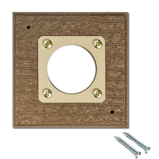 Predator Guard With Metal Portal showing a square wood frame with a central hole and screws, designed to protect nesting baby birds from predators.