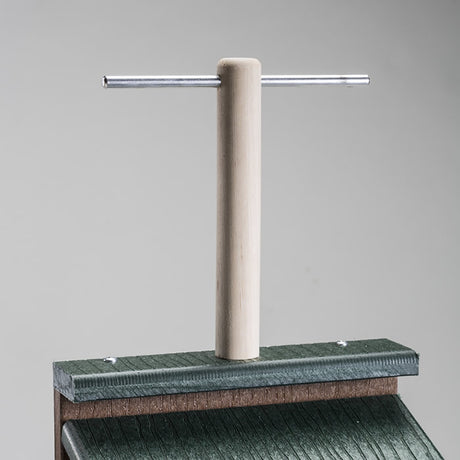 Lookout Perch: Close-up of a wooden and aluminum perch designed for easy birdwatching, attachable to flat surfaces like posts or birdhouses.