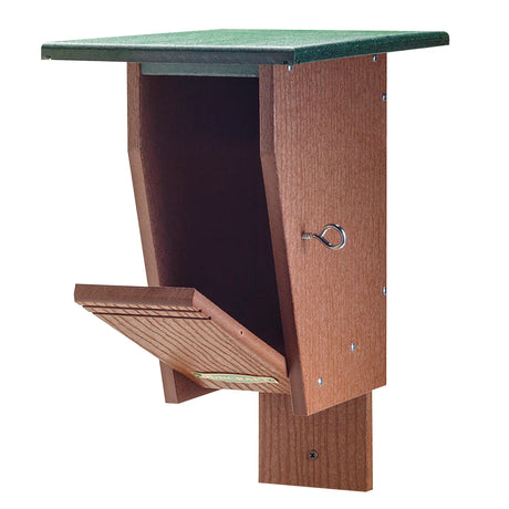 Duncraft Slot Bluebird Trail House with sloped roof, hinged front panel for access, and slotted entrance. Includes grooved perches and rain guards for nest protection.