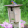 Duncraft Bluebird Trail House with oval entry hole, mounted on a post, features an Eastern Bluebird perched on its roof.