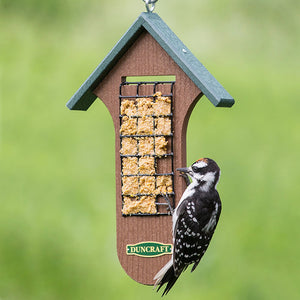 Duncraft Double Sided Woodpecker Feeder with built-in tail prop, featuring wire mesh for easy clinging and feeding, shown with a woodpecker using the feeder.