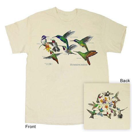 Hummingbirds T-Shirt featuring a nature scene with colorful hummingbirds in flight, designed by Robert Shetterly, printed on 100% cotton using water-based ink.