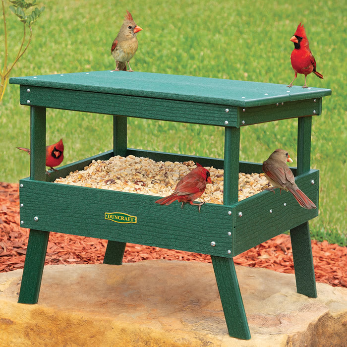 Duncraft Protected Ground Platform Feeder with birds perched on the wide feeding platform, featuring an angled roof and metal mesh flooring for dry seed and easy cleaning.