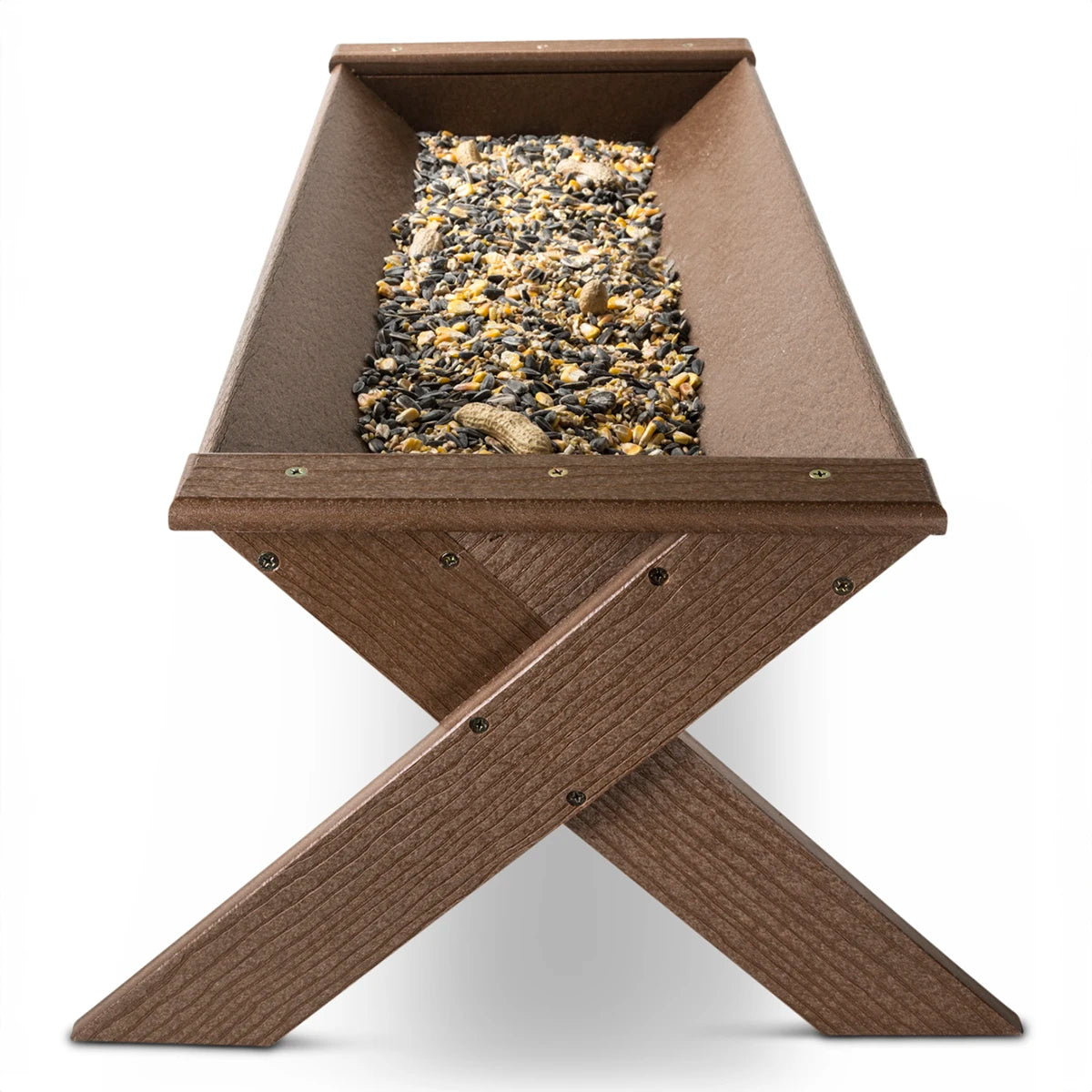 X Marks The Spot Wildlife Feeder, a wooden trough holding seeds and gravel, designed for easy wildlife feeding with 10-pound capacity and drainage holes.