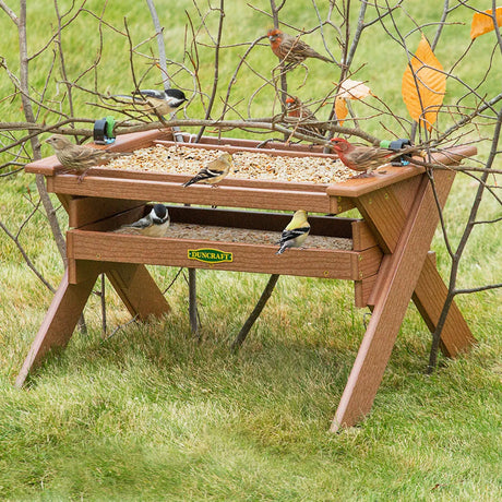Duncraft Safe Haven Wonderland Feeder: Wooden, two-tiered bird feeder with songbirds eating on grassy lawn, surrounded by bare shrubs. Filled trays offer protection for small birds.