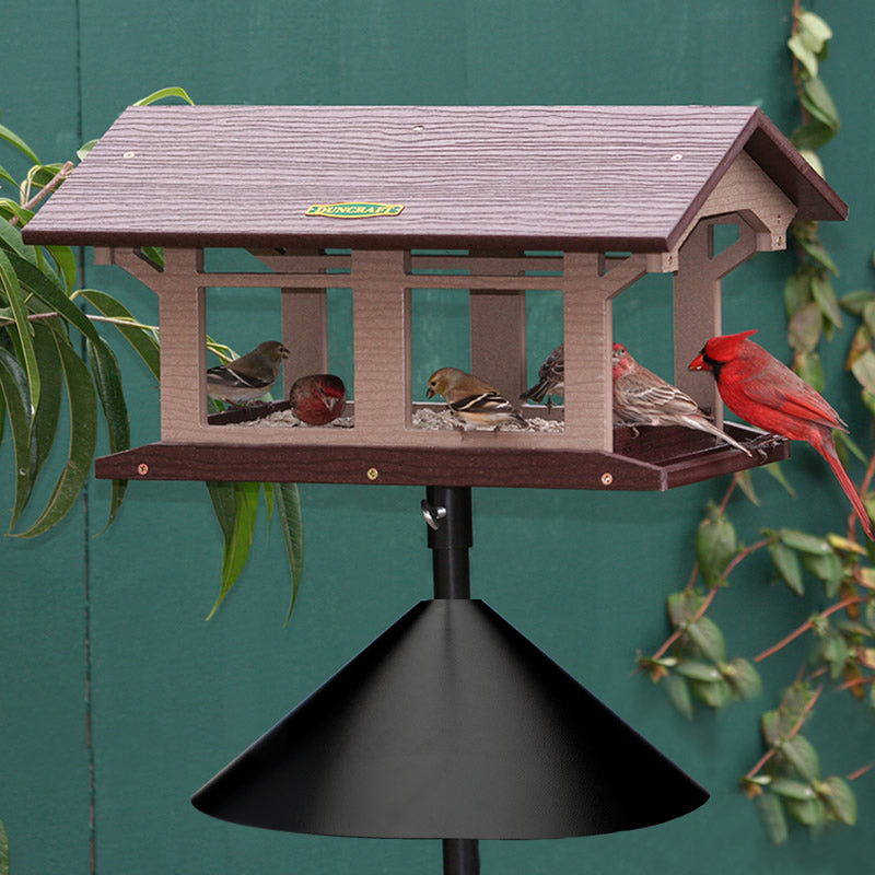 Duncraft Covered Bridge Feeder with Pole, Twister & Baffle, featuring birds feeding from all sides of the platform with built-in perches and drainage.