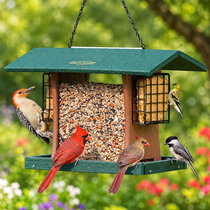 Duncraft Grandview 4-Sided Hopper with Suet Cages featuring mixed seeds, suet cakes, and three songbirds: woodpecker, titmouse, and chickadee, against blurred greenery.