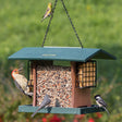 Duncraft Grandview 4-Sided Hopper with Suet Cages, featuring birds feeding from all sides, including woodpeckers clinging and chickadees perching on the feeder.