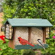 Duncraft Grandview Double Hopper with Suet Cages featuring cardinals and other birds feeding on two seed trays and suet cages. Durable, weather-protected design.