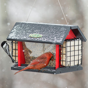 Red Barn Cardinal Feeder with a red bird perched, featuring dual seed trays and suet holders for year-round bird feeding.