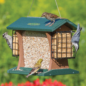 Duncraft Grandview Hopper with Suet Cages featuring multiple birds feeding from all sides, including suet cages for woodpeckers and clearview panels to monitor seed levels.