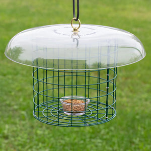 Duncraft Covered Bluebird Mealworm Haven with clear container, weather guard, and wire fencing, featuring a 5 oz. mealworm dish for bluebird feeding.