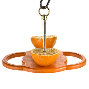 Duncraft Oriole Fruit Feeder displaying two skewer-mounted orange halves with wide, circular perches for easy feeding, ideal for attracting orioles.