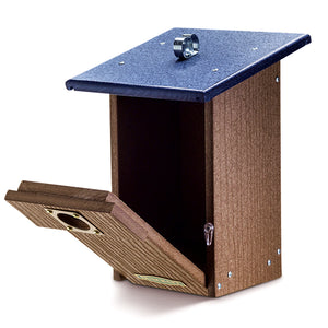 Duncraft Bluebird Observation Landing House: Wooden box with blue roof, secure metal clip for perch, overhanging roof, ventilation, drainage, and predator guard. Includes 72-inch pole for mounting.