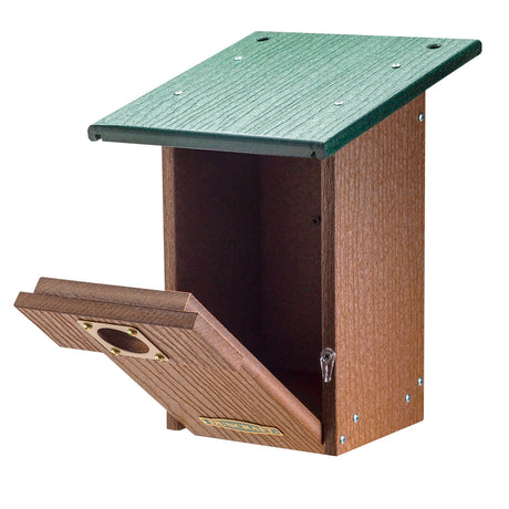 Duncraft Bluebird Landing View House & Pole, featuring a green roof and brown structure with pre-drilled holes for branches, offering bluebird nesting and viewing opportunities.