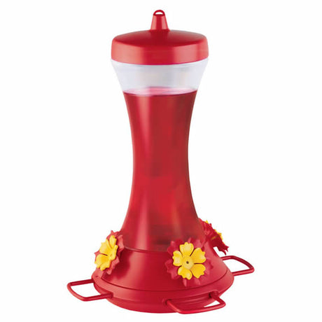 Adjustable Perch Hummingbird Feeder with clear glass body and red cap, featuring four feeding stations and an S-hook for hanging.