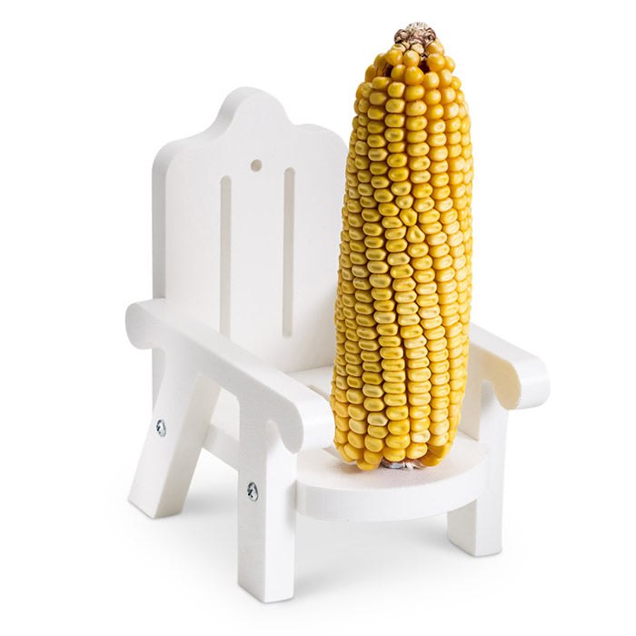 Squirrel's Corn-On-The-Cob Chair: A small chair holding a corn on the cob, designed for squirrels to feed, with a metal skewer for secure placement.