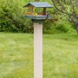 Duncraft Grandview Platform Feeder & Post with Auger, featuring built-in perches, mesh drainage, and a stable beige PVC post, with birds feeding from all sides.