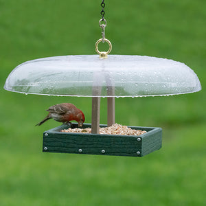 Duncraft Hanging Baffled Platform Feeder with a sparrow eating from the feeder, showcasing its weather guard and four-side feeding access.