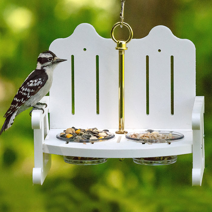 Duncraft Garden Bench Bird Feeder showcasing a bird perched on the feeder's white chair-style platform with two clear dishes filled with bird food.